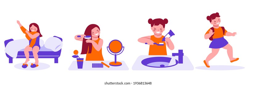 The daily morning routine of a little girl, she wakes up, combes her hair, washes, dresses and goes to school kindergarten . Set of vector illustrations in flat cartoon style.