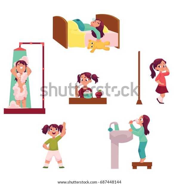 Daily Morning Routine Little Girl Sleeping Stock Vector (Royalty Free ...