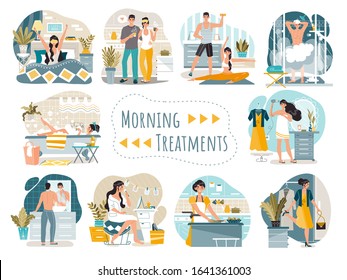 Daily morning routine of man and woman cartoon characters, vector illustration. People waking up, washing, dressing and cooking breakfast at home. Couple stretching, drinking morning coffee together