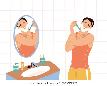 Daily morning routine of a man. A young man in a T-shirt and shorts stands by the mirror in the bathroom and shaves. Male character of a man taking care of himself. Colorful vector flat illustrations.