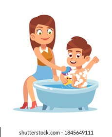 Daily mother. Mom bathes the child, mother helps boy take water treatments, washes with shampoo foam, kid every day routine body care and hygiene concept. Flat cartoon vector isolated illustration