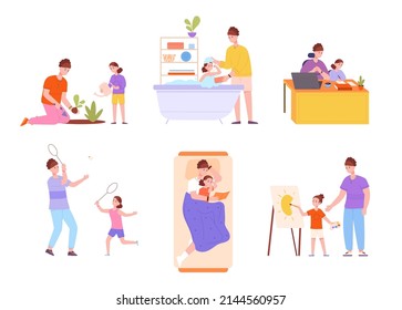 Daily mother. Parent disciplining learning kid care hygiene, child thanks, baby playing painting mom, motherhood discipline exercise education, cartoon vector illustration. Mother and kid character