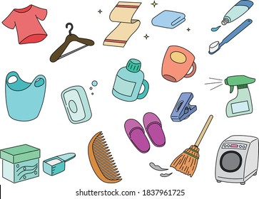 Daily necessities, clothes, washing machines, hangers, laundry baskets, soaps, combs, slippers, clothespins, toothbrushes, towels, detergents, etc.