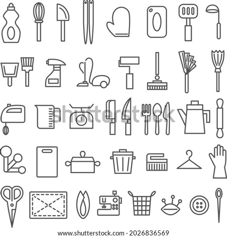 Daily Necessities Icon Set Home Appliance Vacuum Cleaner Sewing Machine Pot Cutting Board Rag Broom Sewing Tools Soap Trash Can [[stock_photo]] © 