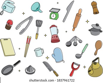 Daily necessities Illustration color Saibashi gloves Gloves Tongs Kitchen knives Whipping machine Pepper mill Rolling pin Weighing instrument Cutting board etc.