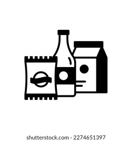 Daily necessities product packaging icon such as snack, syrup or ketchup bottle, and milk box in black solid style