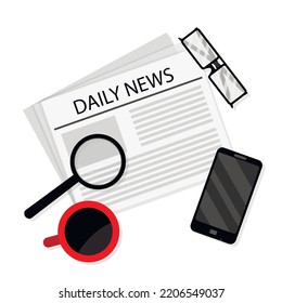 Daily news concept, business morning latest newspaper and coffee. Vector illustration. Daily press concept, newspaper information, newsletter publication, morning rutine, breakfast symbol