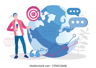 Daily news, globe, journalist with microphone, Vector illustration for web banner, infographics, mobile. 