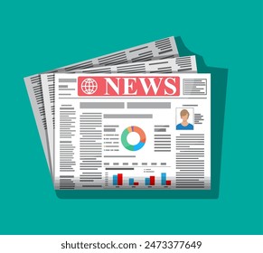 Daily newspaper in color. News journal design. Pages with various headlines, images, quotes, text and articles. Media, journalism and press. Vector illustration in flat style.