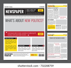 Daily newspaper colored template for website design with three page layout headlines quotes and text articles flat vector illustration  