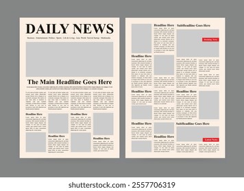  Daily newspaper design, the daily news, newspaper with text and Photos placeholder.
