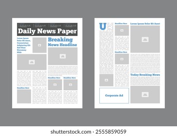 Daily newspaper design template. Graphical layout newspaper template or daily magazine with text and picture placeholder