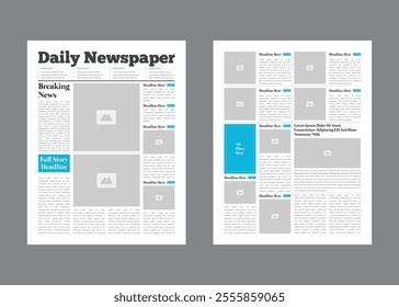 Daily newspaper design template. Graphical layout newspaper template or daily magazine with text and picture placeholder