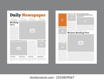 Daily newspaper design template. Graphical layout newspaper template or daily magazine with text and picture placeholder