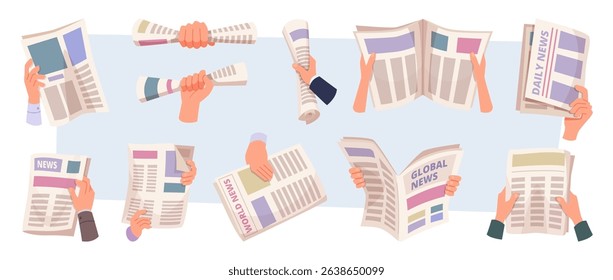Daily newspaper. Hands holding pages of newspaper or business magazines exact vector collection set in cartoon style