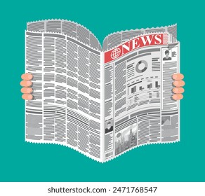 Daily newspaper in hands. News journal design. Pages with various headlines, images, quotes, text and articles. Media, journalism and press. Vector illustration in flat style.