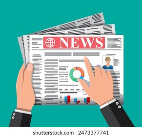 Daily newspaper in hands. News journal design. Pages with various headlines, images, quotes, text and articles. Media, journalism and press. Vector illustration in flat style.