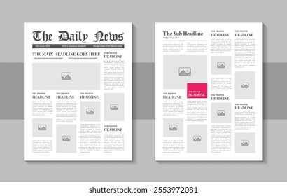 Daily newspaper journal design template, classic newspaper layout or magazine template. Newspaper Cover Page Empty Template Mockup Design with Text And Picture Placeholder for Web and App