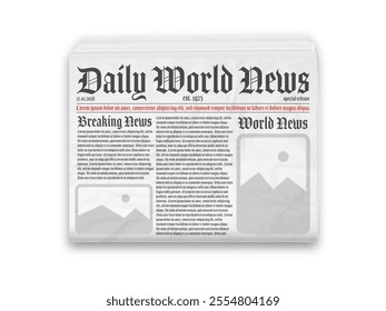 Daily newspaper journal design template with editable headlines quotes text articles and color images. Horizontal folded newspaper layout. Vector illustration.