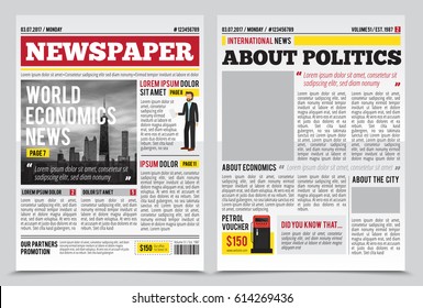 Daily newspaper journal design template with two-page opening editable headlines quotes text articles and images vector illustration