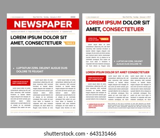 Daily newspaper journal design template with two-page opening editable headlines quotes text articles and images vector illustration