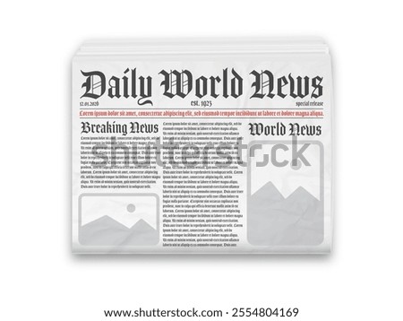 Daily newspaper journal design template with editable headlines quotes text articles and color images. Horizontal folded newspaper layout. Vector illustration.
