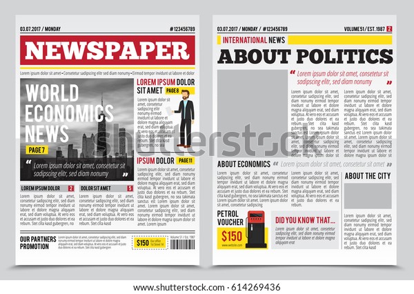 Daily newspaper journal design template with\
two-page opening editable headlines quotes text articles and images\
vector illustration