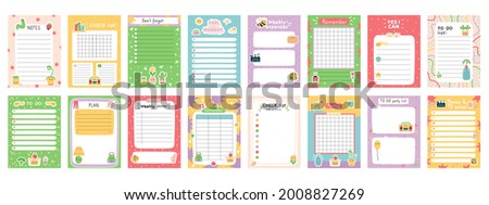 Daily note planners. Weekly scheduler, to do list, note paper or organiser sheets with hand drawn stickers vector illustration set. Cute doodle daily planner. Childish design of check list, meeting