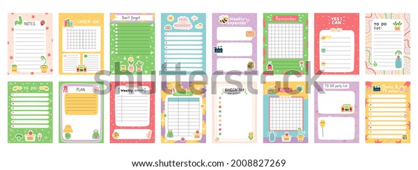 Daily note planners. Weekly scheduler, to do
list, note paper or organiser sheets with hand drawn stickers
vector illustration set. Cute doodle daily planner. Childish design
of check list, meeting