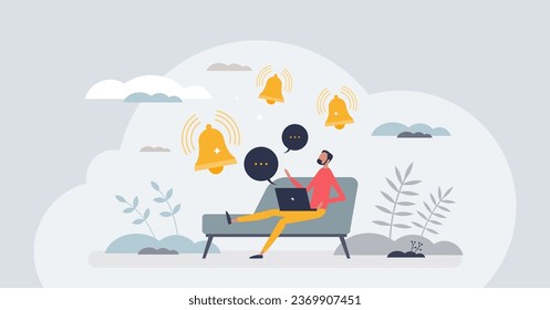 Daily notifications and focus mode to avoid distraction apps tiny person concept. Loud alarms for appointments, news and agenda receiving vector illustration. Anxiety and frustration from messages.