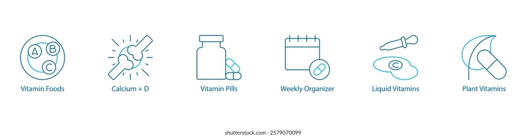 Daily Nutrition, Wellness Vector Icon Set – Vitamin Foods, Calcium + D, Pills, Weekly Organizer, Liquid Plant-Based Vitamins