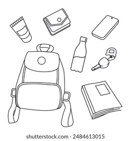 Daily objects that fit in a bag line art