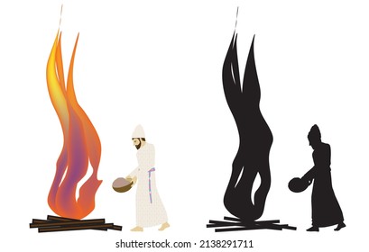 The Daily Offering  In The Temple. Observant Jewish Art Painting. Cohen - Priest Makes A Sacrifice On The Outer Altar In Jerusalem. Historitic. Traditional. Colorful Vector. Black Silhouette. Isolated