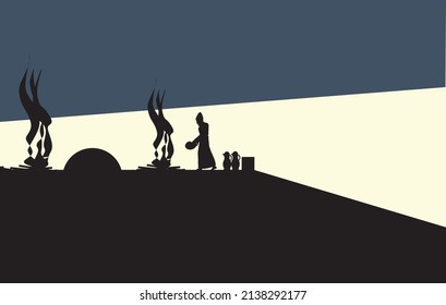 The Daily Offering  In The Temple. Observant Jewish Art Painting. Cohen - Priest Makes A Sacrifice On The Outer Altar In Jerusalem. Historitic. Traditional. Colorful Vector And A Black Silhouette.