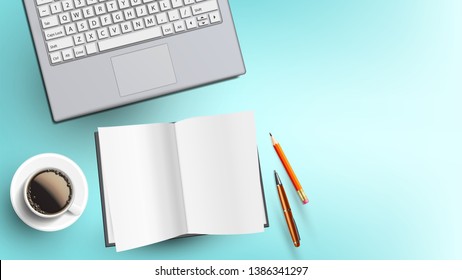 Daily Office Instruments On Desk Flat Lay Vector. Pencil With Eraser And Pen Near Opened Blank Dairy, Mug With Hot Coffee And Opened Laptop On Office Desktop. Copy Space Top View Illustration