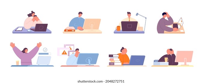 Daily office work. Business people at desk, home workplace. Man at laptop or computer, diverse emotions human. Adults career or education utter vector set