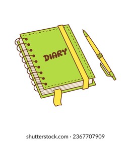 Daily paper notepad with a pen. Spiral diary with a bookmark. Color doodle icon. 