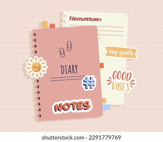 Daily paper notepad. Place for notes, beautiful notebooks with bookmarks and paper clips. School supplies set.