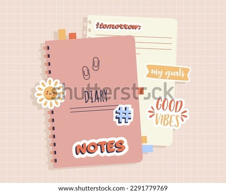 Daily paper notepad. Place for notes, beautiful notebooks with bookmarks and paper clips. School supplies set.