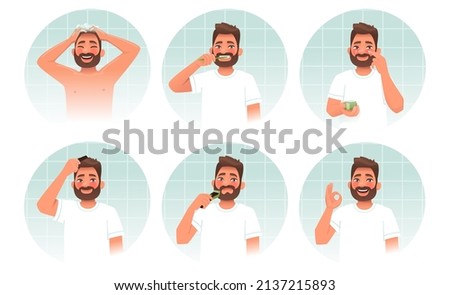 Daily personal care. A man takes a shower, brushes his teeth, uses face cream, combs his hair, shaves his beard. Men's hygiene and routine procedures. Vector illustration in cartoon style