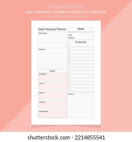 Daily Personal Planner Notebook | Daily Personal Log Book | Daily Personal Planner Journal | Printable Template