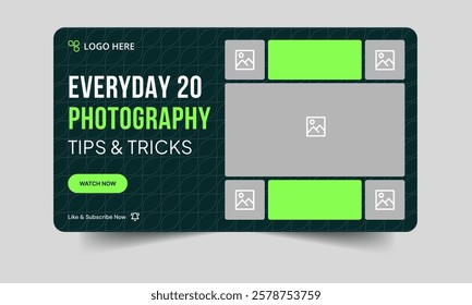 Daily photography tips and techniques video thumbnail design, customizable photography tricks video cover thumbnail banner design, editable vector eps 10 file format