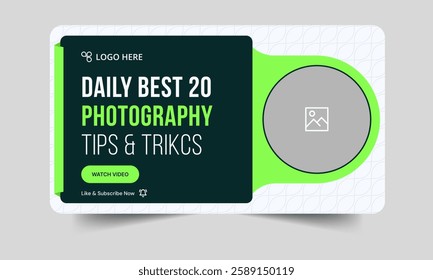 Daily photography tips and tricks video thumbnail banner design, workout exercise plan techniques video cover banner design, fully editable vector eps 10 file format