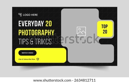 Daily photography daily tips and tricks video thumbnail banner design, daily photography learning tips and techniques video cover banner design, editable vector eps 10 file format