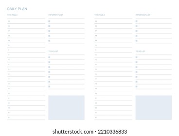 A daily plan design template in a modern, simple, and minimalist style. Note, scheduler, diary, calendar, planner document template illustration.