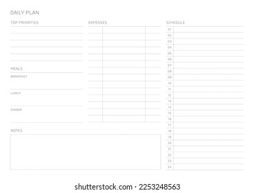 A daily plan design template in a modern, simple, and minimalist style. Note, scheduler, diary, calendar, planner document template illustration.