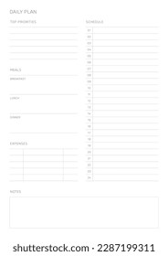 A daily plan design template in a modern, simple, and minimalist style. Note, scheduler, diary, calendar, planner document template illustration.