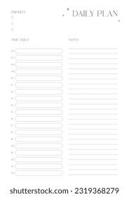 A daily plan design template in a modern, simple, and minimalist style. Note, scheduler, diary, calendar, planner document template illustration.