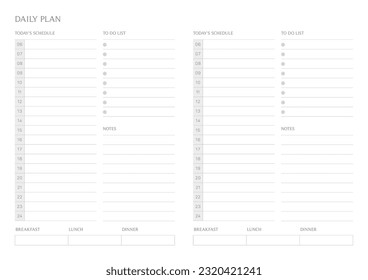 A daily plan design template in a modern, simple, and minimalist style. Note, scheduler, diary, calendar, planner document template illustration.