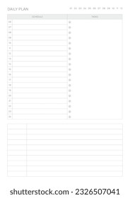 Una plantilla de diseño de plan diario de estilo moderno, sencillo y minimalista. Ilustración de plantilla de documento de planificador, de notas, de programadores, de diarios, de calendarios y de planificadores.